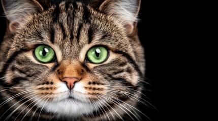 Close-up of a tabby cat with green eyes against a black background