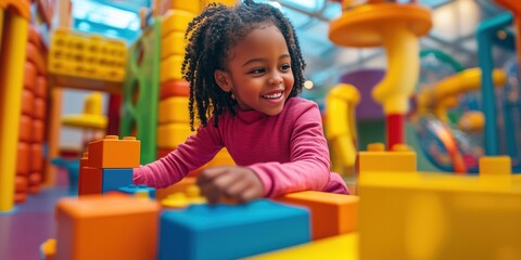 Happy cheerful kid having a blast at indoor play center. Child playing with colorful construction blocks at indoor playground.