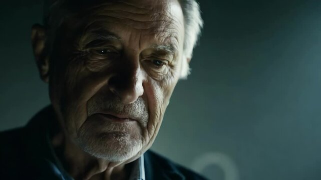Elderly distinguished man with gray hair & weathered face looks contemplatively with serious thoughtful expresion under dramatic blue cinematic lighting creating powerful emotional portrait atmosphere