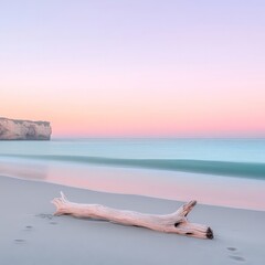 Solitary driftwood piece resting on pastel colored sandy beach at sunrise capturing serene coastal minimalism photography