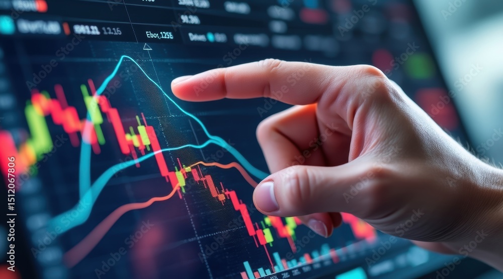 Poster a hand points at a digital screen displaying colorful financial charts and stock market data.