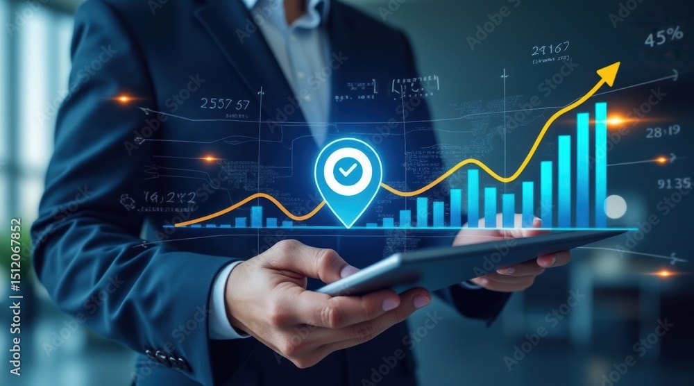 Poster a business professional uses a tablet to analyze data with futuristic graphs, charts, and growth ind