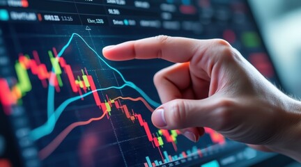 A hand points at a digital screen displaying colorful financial charts and stock market data.