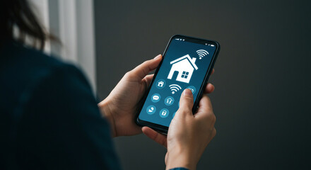 Smart home automation system control with mobile app on smartphone device for house technology concept