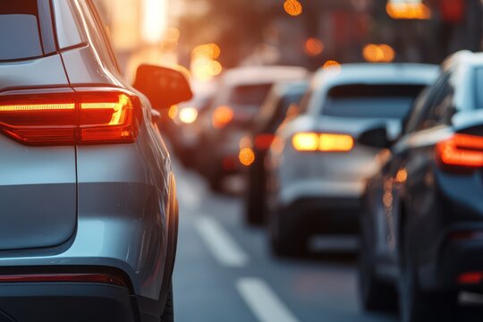 Close up traffic jam of cars on city access on rush hour night bokeh light