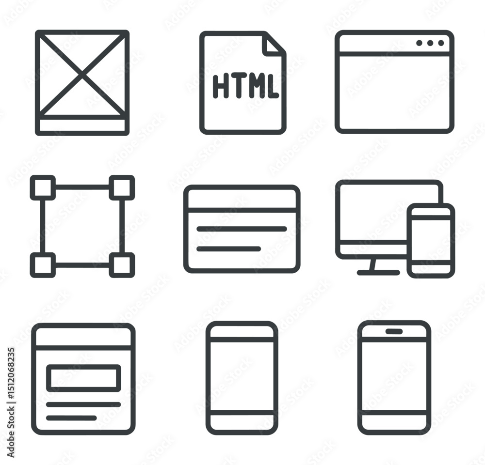 Aufkleber web design icons. outline icon set of web design: wireframe, html, css, browser window, design syste