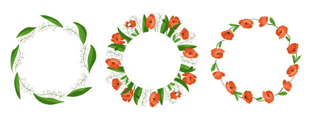 Three round floral wreaths made of red poppies and white lily of the valley on white background. Botanical decoration and seasonal frame concept in flat hand drawn style