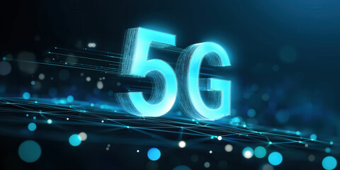 5G network digital hologram. High-speed mobile and internet on city background.