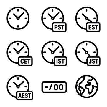 Outline World Clocks. Outline icon set of time zones: clock GMT, clock PST, clock EST, clock CET, clock IST, clock JST, clock AEST