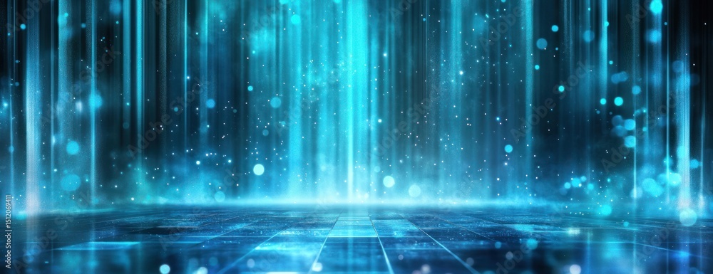 Canvas Prints cyan blue vertical beams of light with futuristic sparkles background visualization environment.