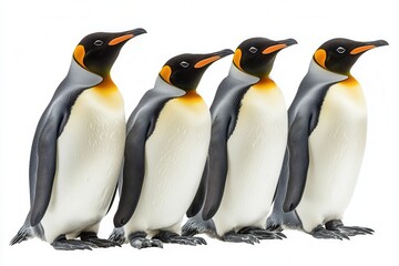 Four Adult Male Emperor Penguins Standing in a Row, Showcasing Their Iconic Black and White Plumage with Bright Orange Accents Against a White Background