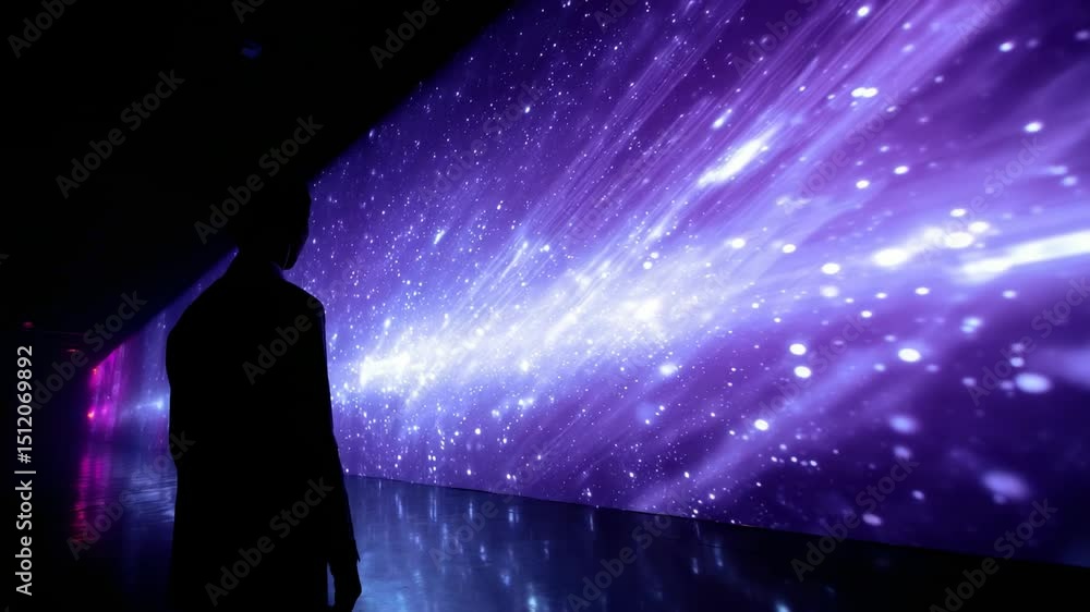 Aufkleber Exploring digital art installation with vibrant lights and cosmic visuals in modern gallery setting