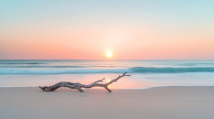 Solitary driftwood piece resting on pastel colored sandy beach at sunrise capturing serene coastal minimalism photography