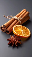 Cinnamon sticks tied with twine beside dried orange slice and star anise on dark background