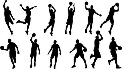 basketball player silhouette preparing to score in a hoop, perfect for depicting sports action, competition, or basketball-themed illustrations
