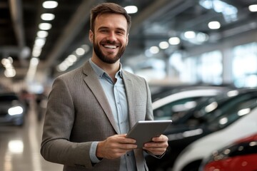 Smiling Car Salesman Holding Tablet at Showroom