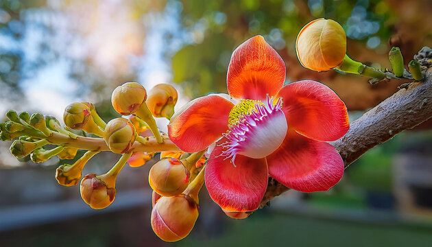 the flower of sal tree or cannonball tree shorea robusta with natural blurred background the sal tree is a holy tree in hinduism and buddhism
