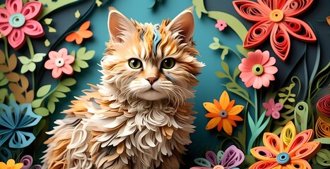 Selkirk Rex cat with the fresh garden in quilling paper style.