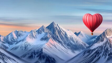 A heart-shaped hot air balloon glides gracefully above breathtaking snow-capped mountains during a stunning sunset view - Powered by Adobe