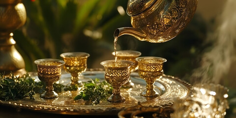 Golden Teapot Pouring Tea into Ornate Goblets on a Silver Tray