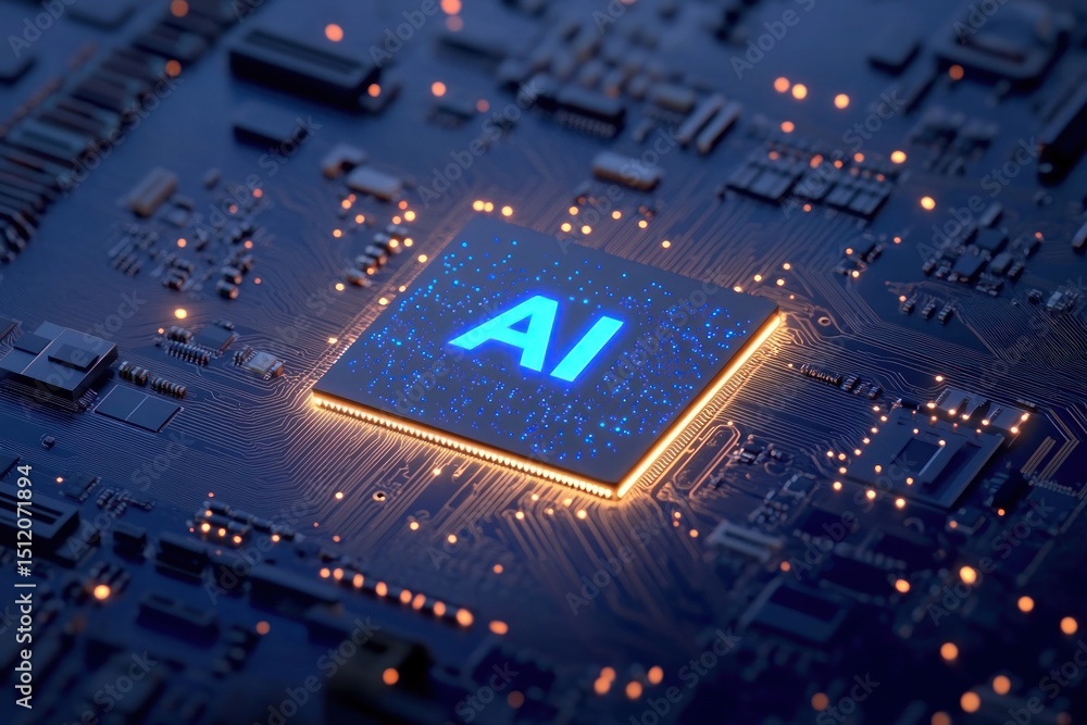 Poster electronics close-up ai chip on top of the circuit board hardware.