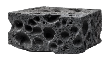 Dense basalt block with visible pores and uneven surface, dark charcoal color, isolated on white background