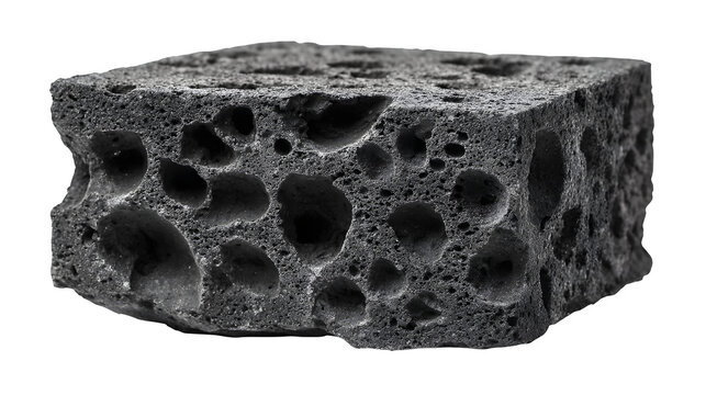 Dense basalt block with visible pores and uneven surface, dark charcoal color, isolated on white background