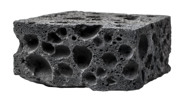 Dense basalt block with visible pores and uneven surface, dark charcoal color, isolated on white background