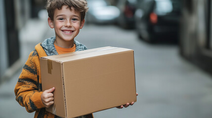 Young boy carrying cardboard boxes in his hand. Concept of shipping, deliver service, moving home