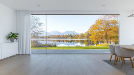 Scenic modern lakeside dining room interior design with expansive panoramic windows showcasing breathtaking waterfront views for architecture and real estate marketing presentations