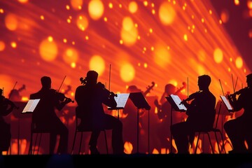 Silhouette of symphony orchestra performing on stage