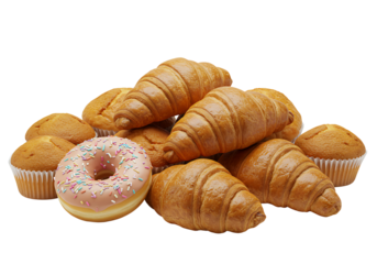 Pile of of various fresh baked pastry isolated on transparent background