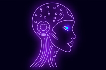 Futuristic neon line art of a female cyborg head in profile. Glowing violet and pink lines on a dark background. Concept of artificial intelligence, robotics, sci-fi, and advanced future technology.