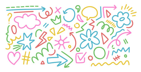 Cute line doodle elements. Simple upbeat childish drawing scribble decoration. Collection of arrows, crowns, circles, doodles