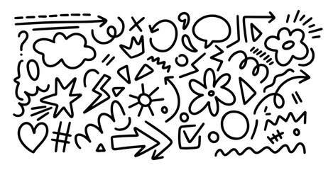 Set of outline line doodle element. Hand drawn elements collection of speech bubble, arrow,scribble. Hand drawn brush stroke elements.