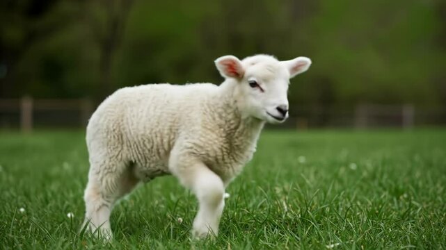 Cute white lamb standing and walking in a green grassy field. Young fluffy sheep in a spring farm setting with copy space on blurred green background.