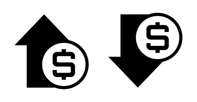 Conjunto de iconos de crecimiento y disminuci&oacute;n financiera. Ganancia, econom&iacute;a e inversi&oacute;n. Aumento econ&oacute;mico, ca&iacute;da econ&oacute;mica, flecha hacia arriba y abajo. Ilustraci&oacute;n vectorial