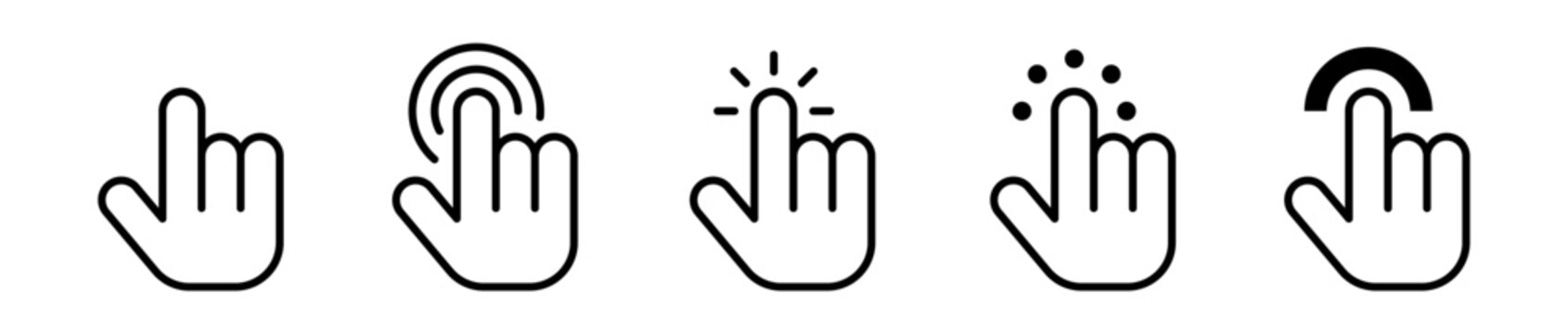 Conjunto de iconos de clic t&aacute;ctil del cursor. Interacci&oacute;n digital, selecci&oacute;n y navegaci&oacute;n. Dedo se&ntilde;alando, clic aqu&iacute;. Ilustraci&oacute;n vectorial