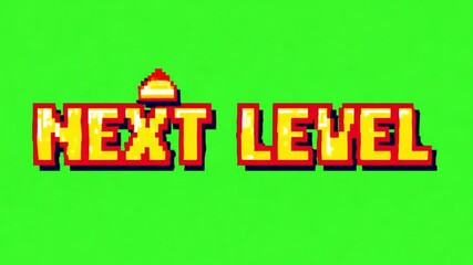 Colorful next level text in comic style on green background representing achievement or gaming progress designed for entertainment media or motivational scenes