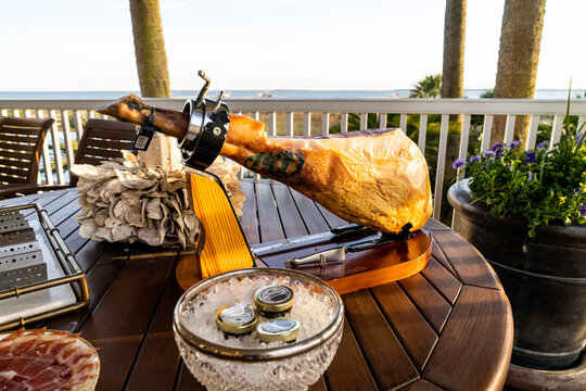 Jamon Serrano, spanish ham leg in holder 