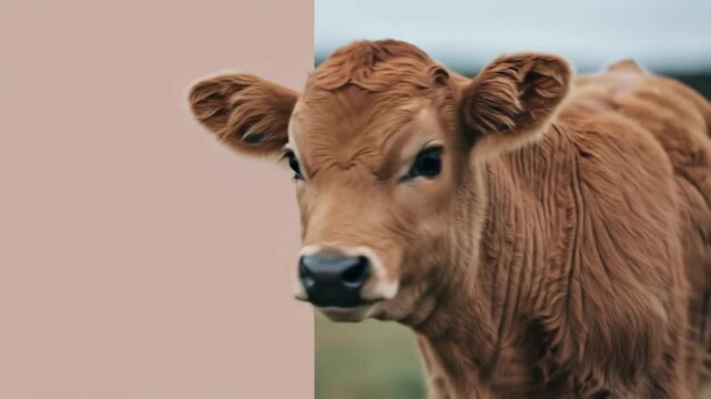 Young brown calf in a field with a smooth vertical wipe transition revealing a plain background for copy space. Cute farm animal baby cow footage for creative projects.