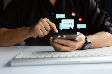 Man Using Smartphone for Social Media Messaging with Chat Bubbles and Icons