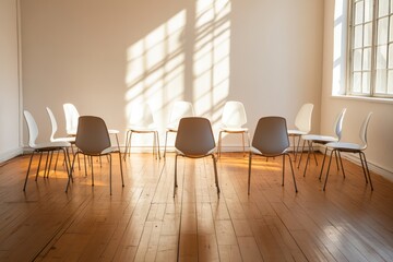 Minimalist therapy or meeting room with circle of chairs and sunlight