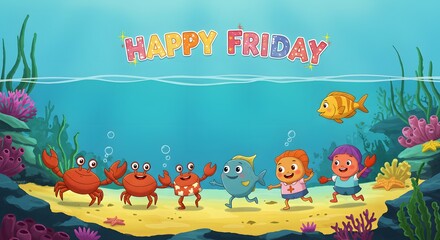 Naklejka premium Cartoon crab and fish friends forming a conga line under the sea with “Happy Friday” lights above