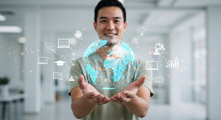 Man presenting global education technology online learning and digital courses platform concept design