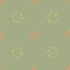 Seamless pattern with feathers of soft earthy tones arranged in a circle. Vector hand-drawn drawing in the boho color palette. It is perfect for textile, wallpaper, seasonal summer and spring projects