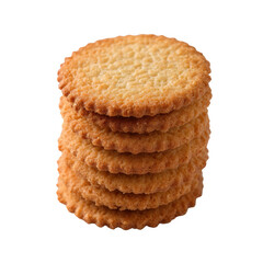 A stack of crispy, golden-brown cookies on a white isolated background, perfect for snacks or dessert in culinary and food photography.