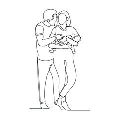 Continuous single line drawing of happy family couple dad and mom with baby kids newborn toddler. Vector illustration sketch editable stroke