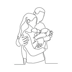 Continuous single line drawing of happy family couple dad and mom with baby kids newborn toddler. Vector illustration sketch editable stroke
