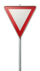 A classic triangular yield road sign featuring a bold red border and a white center, symbolizing caution and traffic control in a clear and simple design.